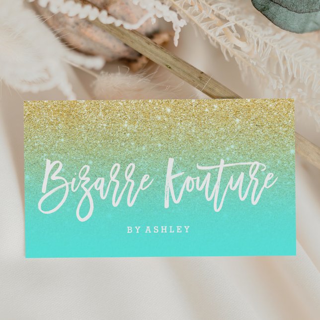 Makeup logo typography gold glitter teal business card (Creator Uploaded)