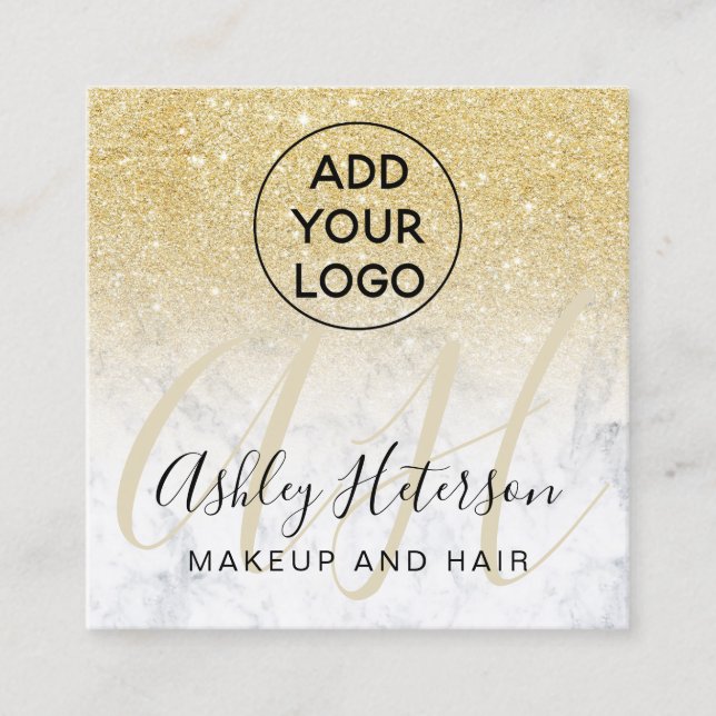 Makeup marble chic gold glitter logo monogram square business card (Front)