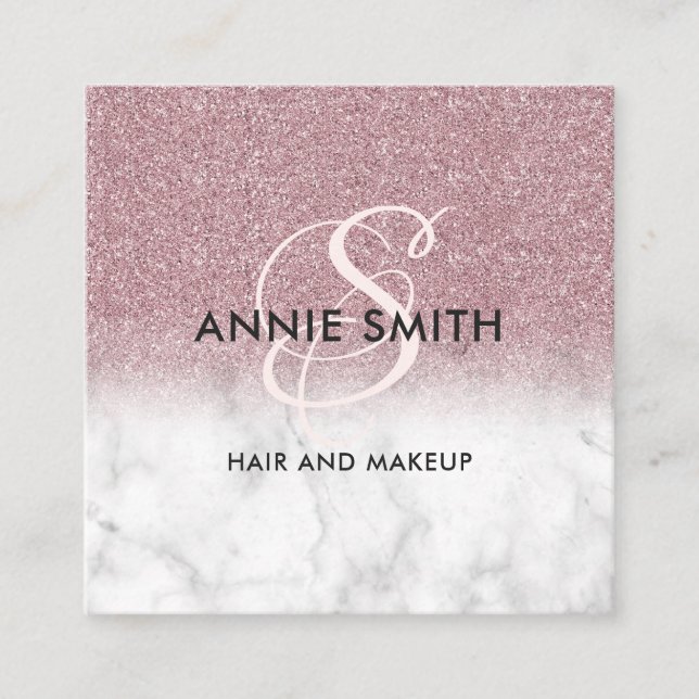 Makeup Marble Rose Gold Glitter Monogram QR Square Business Card (Front)