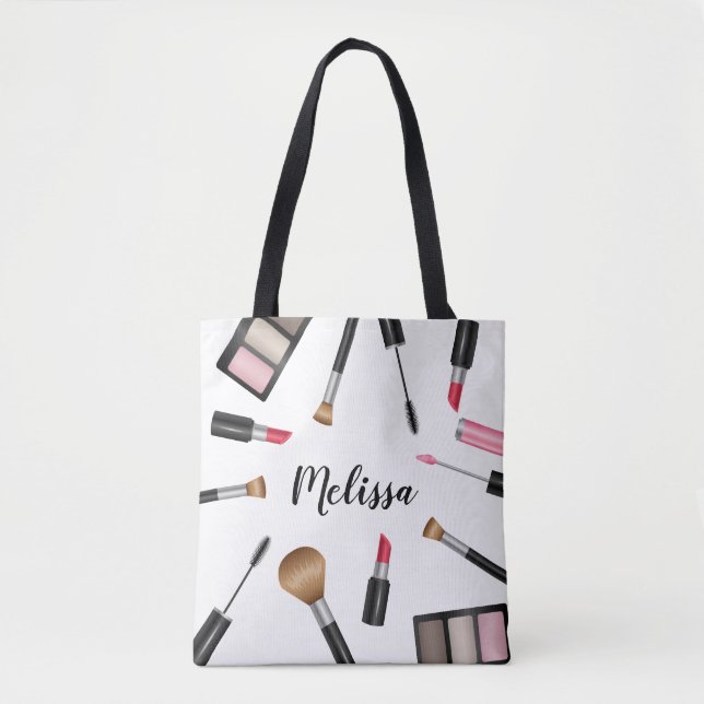 Makeup Mascara, Lipstick Etc. With Custom Name Tote Bag (Front)