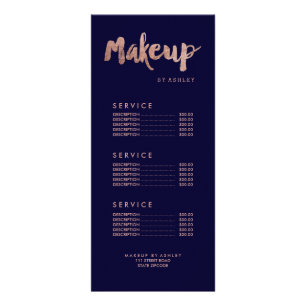 Makeup modern gold typography navy blue price list rack card