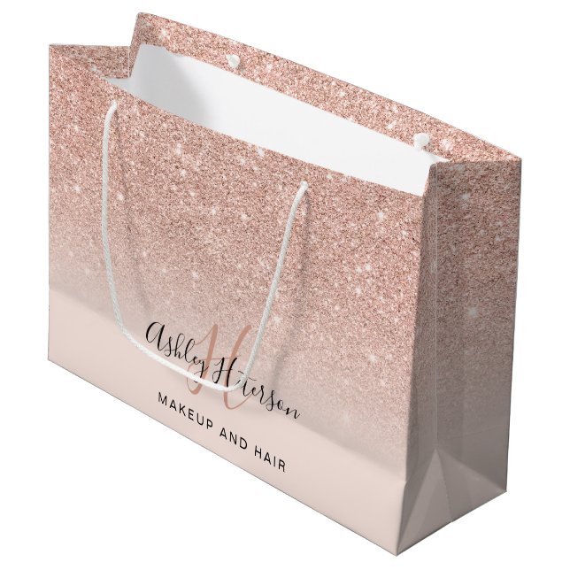 Makeup monogram blush rose gold glitter script large gift bag (Front Angled)