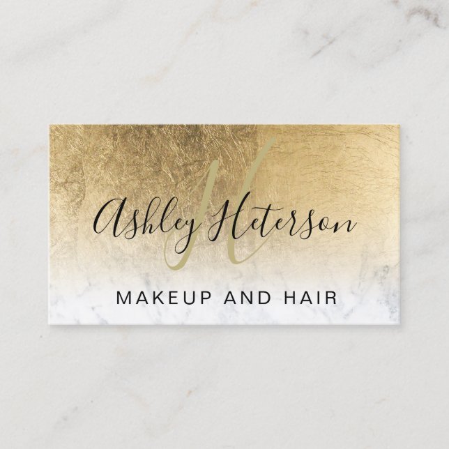 Makeup monogram chic gold foil marble script business card (Front)