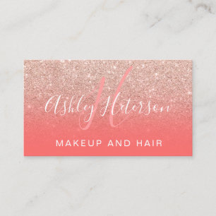 Makeup monogram coral rose gold glitter script business card