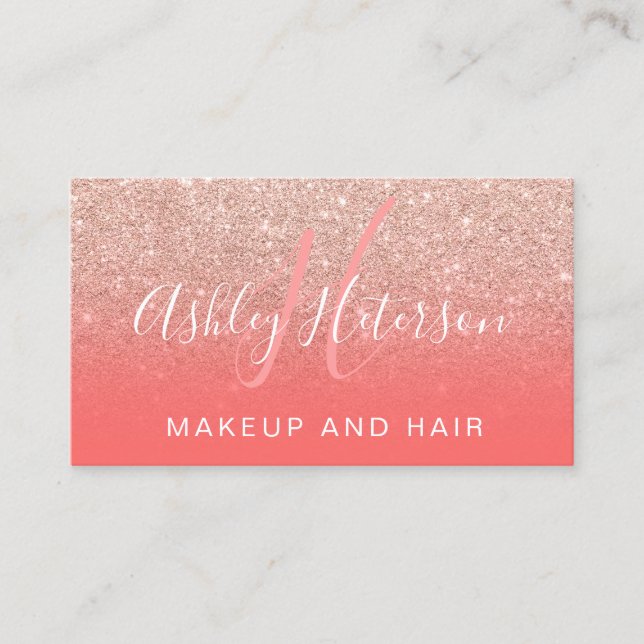 Makeup monogram coral rose gold glitter script business card (Front)