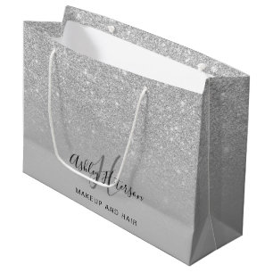 Makeup monogram grey silver glitter script large gift bag