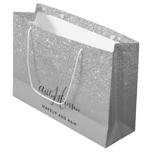 Makeup monogram grey silver glitter script large gift bag (Front Angled)
