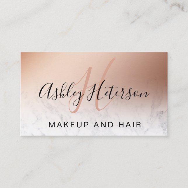 Makeup monogram marble rose gold foil script business card (Front)