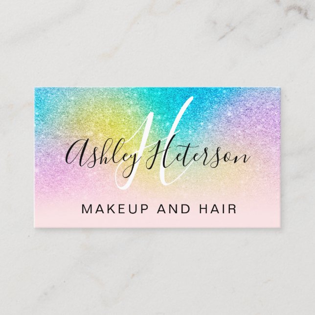 Makeup monogram rainbow glitter script pink business card (Front)