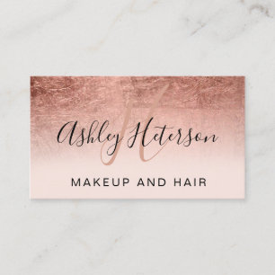 Makeup monogram rose gold foil blush pink script business card