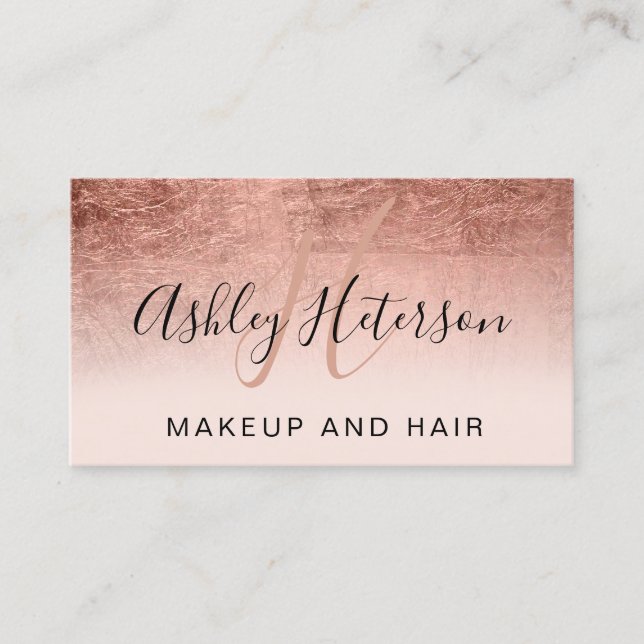Makeup monogram rose gold foil blush pink script business card (Front)