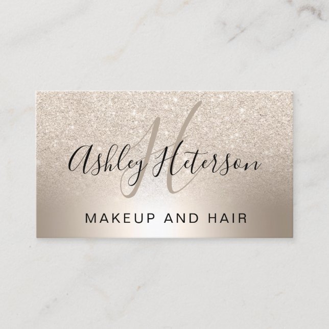 Makeup monogram script chic gold glitter metallic business card (Front)