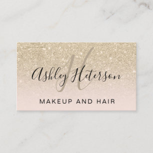 Makeup monogram script light gold glitter blush business card