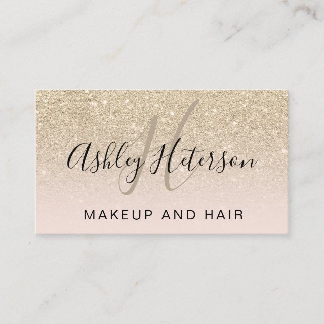 Makeup monogram script light gold glitter blush business card (Front)