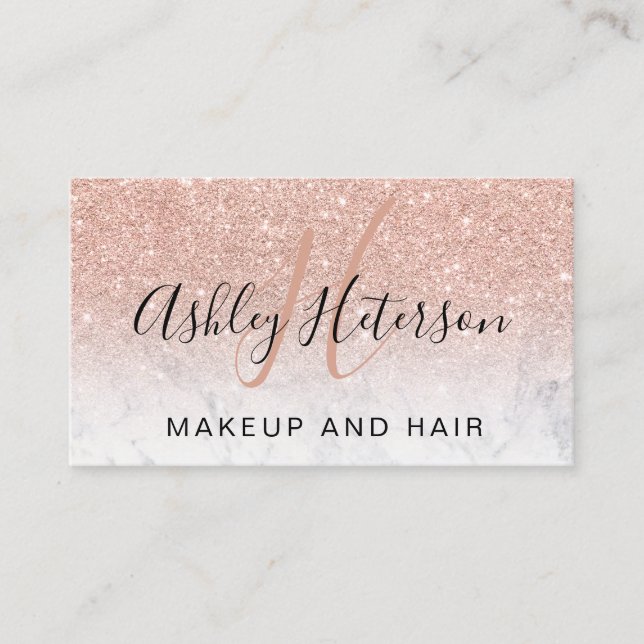 Makeup monogram script marble rose gold glitter business card (Front)