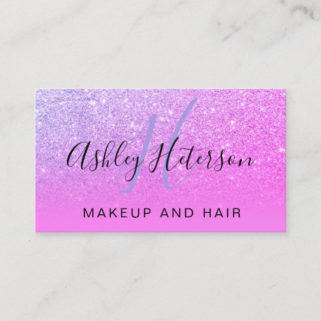 Makeup monogram script pink purple glitter neon business card (Front)