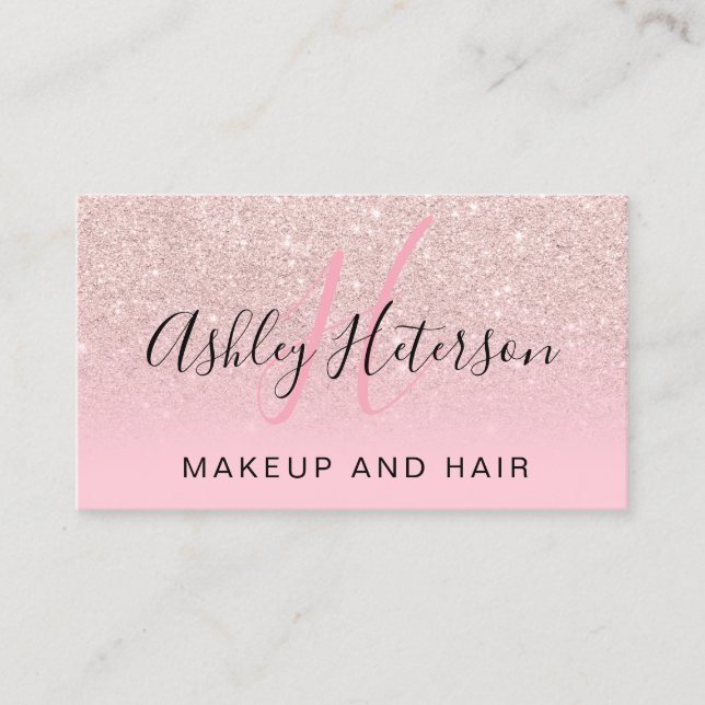 Makeup monogram script rose gold glitter pink business card (Front)