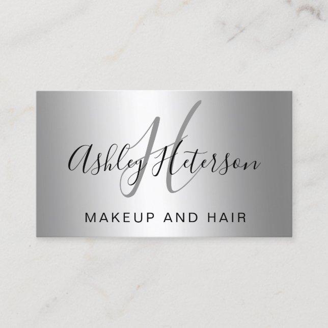 Makeup monogram script silver metallic foil business card (Front)