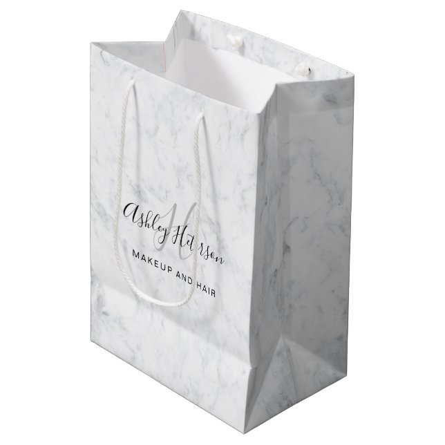 Makeup monogram white marble script typography medium gift bag (Front Angled)