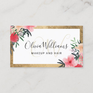 Makeup monogrammed chic gold frame floral script business card