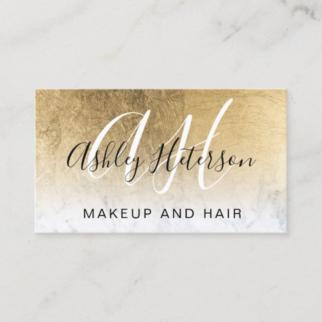 Makeup monogrammed gold foil marble script business card (Front)