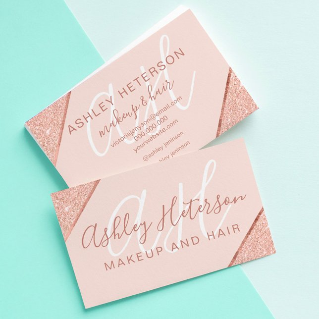 Makeup monogrammed rose gold glitter stripe pink business card (Creator Uploaded)