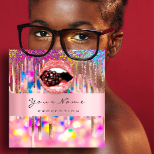 Makeup Nails Pink Rose Holograph Drips Kiss Lips Square Business Card