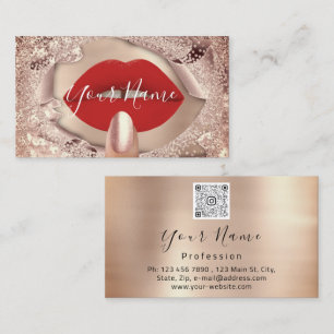 Makeup Nails Rose Gold Kiss Red Lips QR Code Business Card