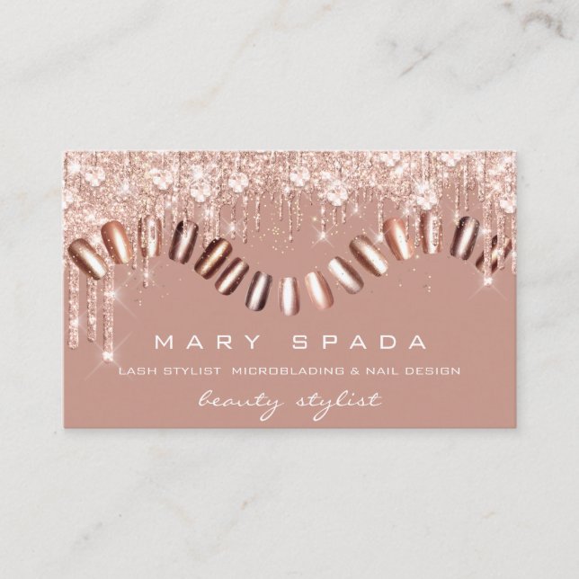 Makeup Nails Stylist Manicure Rose Drip Crysals Business Card (Front)