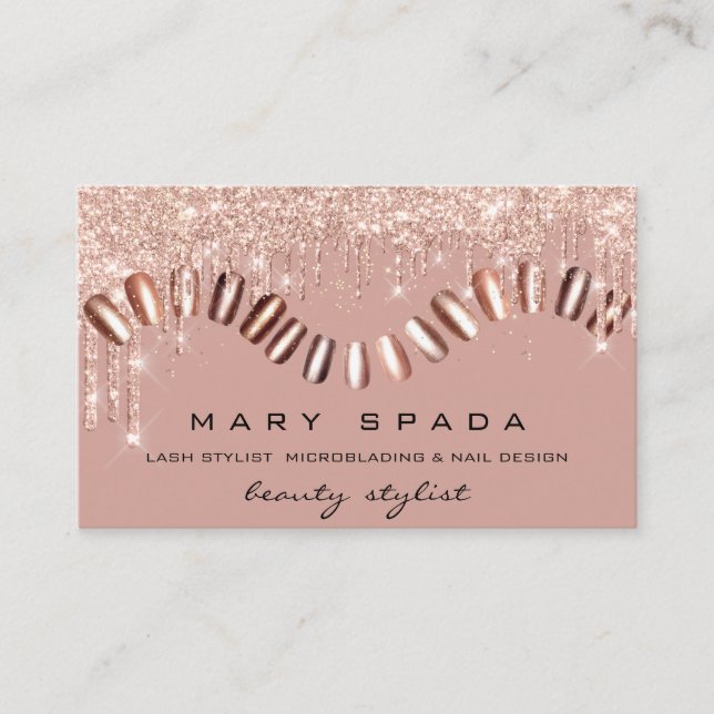 Makeup Nails Stylist Manicure Rose Gold Sparkly Business Card (Front)