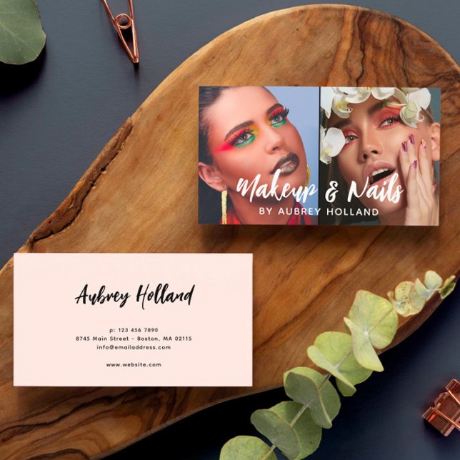 Makeup & Nails White Script 2 Photos Business Card (Creator Uploaded)