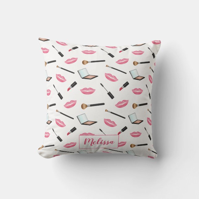 Makeup Pattern And Lips With Personalised Name Cushion (Front)