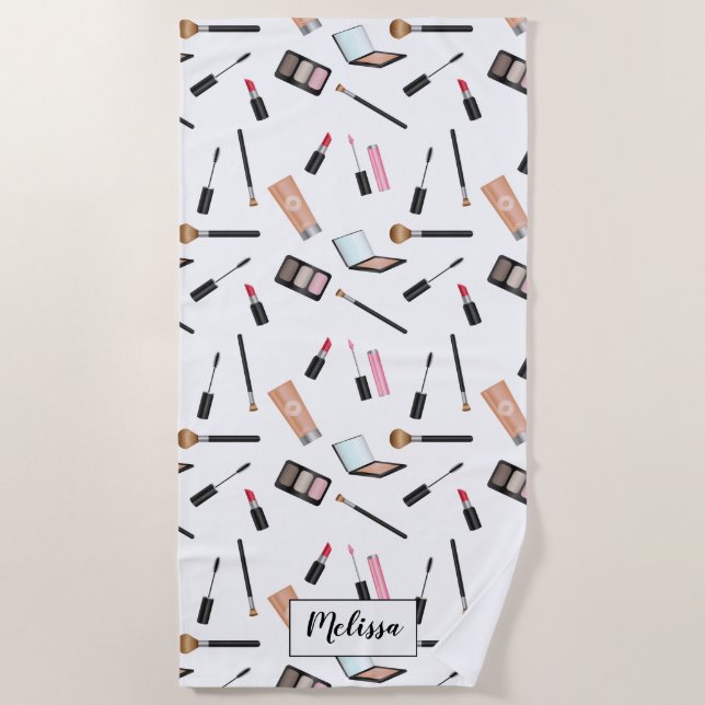 Makeup Pattern Scatter With Custom Name Beach Towel (Front)