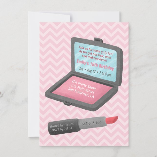 Makeup Powder and Lipstick Girls Birthday Party Invitation (Front)
