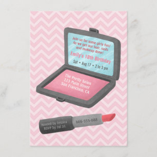 Makeup Powder and Lipstick Girls Birthday Party Invitation