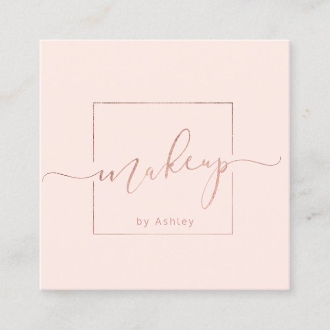 Makeup premade logo modern blush pink minimalist square business card (Front)