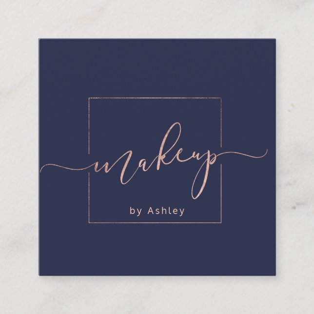 Makeup premade logo modern navy blue minimalist square business card (Front)