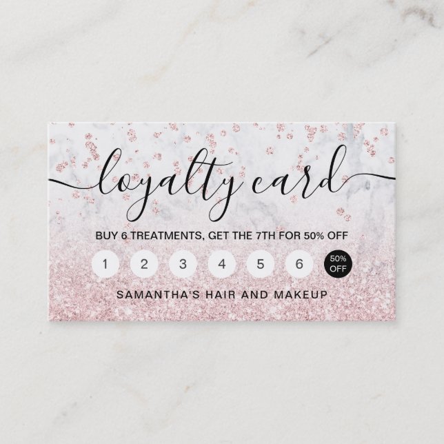Makeup rose gold glitter marble sparkle confetti loyalty card (Front)