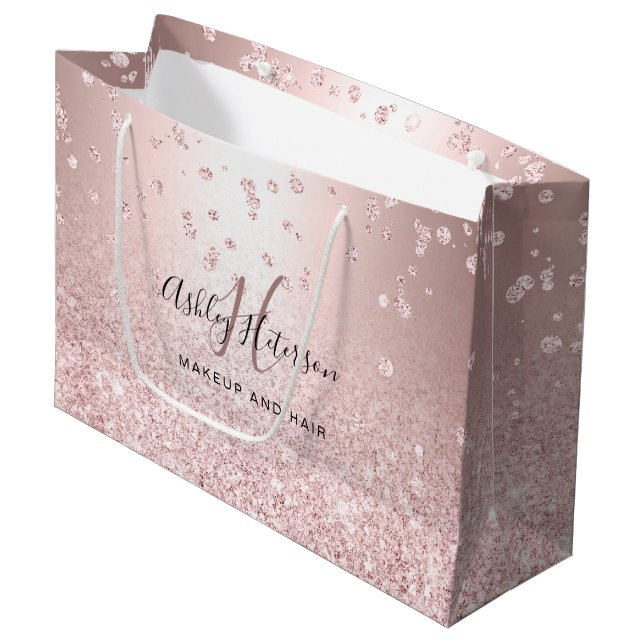 Makeup rose gold glitter metallic sparkle confetti large gift bag (Front Angled)