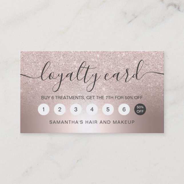 Makeup Rose gold glitter ombre metallic foil Loyalty Card (Front)
