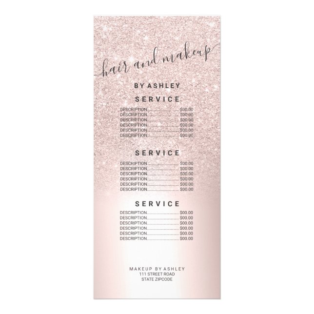 Makeup Rose gold glitter ombre metallic foil price Rack Card (Front)