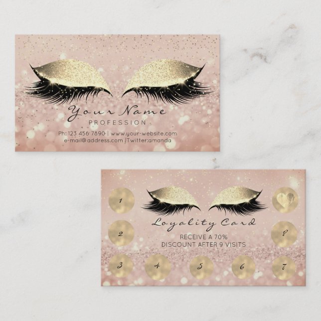Makeup Rose Golden Lashes Extension Loyalty Card 9 (Front/Back)