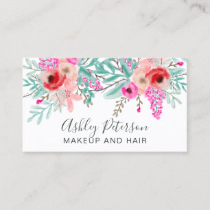 Makeup spring chic mint pink floral watercolor business card