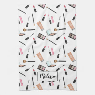 Makeup Stuff Illustrated Pattern Personalised Name Tea Towel