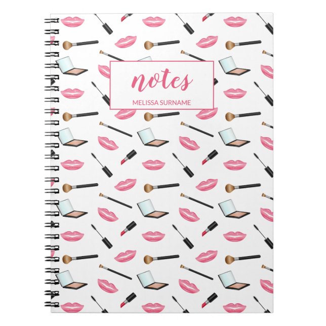 Makeup Stuff Pattern And Pink Lips & Custom Name Notebook (Front)