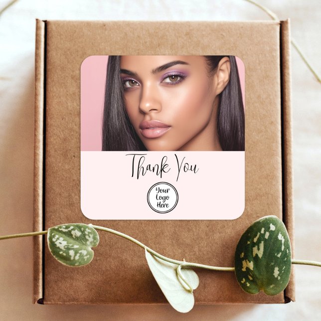 Makeup Thank You Photo Blush Pink Script Your Logo Square Sticker (Creator Uploaded)