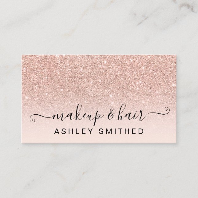 Makeup typography blush rose gold glitter ombre business card (Front)