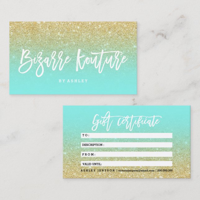 Makeup typography gold glitter teal certificate (Front/Back)