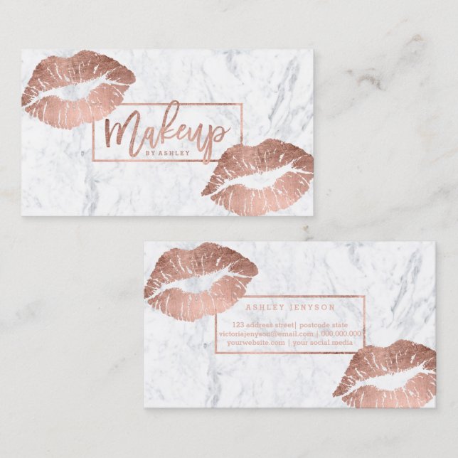 Makeup typography lips faux rose gold marble business card (Front/Back)