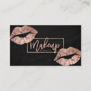 Makeup typography lips rose gold black chalkboard business card